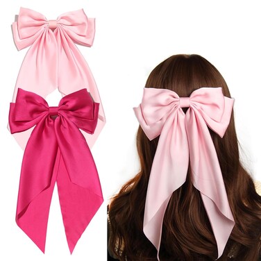 SUSULU Pink Hair Bows for Women, 2pcs Big Hair Bows Long-Tail Pink Ribbon Bows Hot Pink Hair Bows Accessories Hair Barrettes Party Birthday