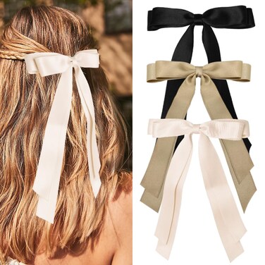 Hair Clip, 3Pcs Satin Bows for Hair - Hair Ribbons for Women in Beige, Black, Champagne