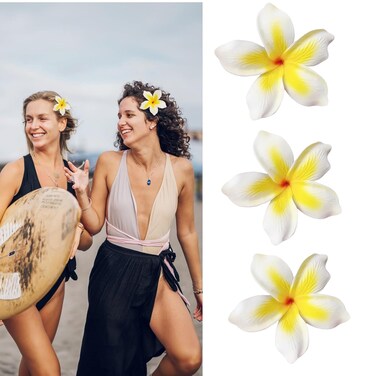 Vividsun Hawaiian Flower Hair Clips White Plumeria Flower Foam Hair Clip 3.7 Inch Artificial Flower Clip for Wedding Party Beach (White/3pcs)