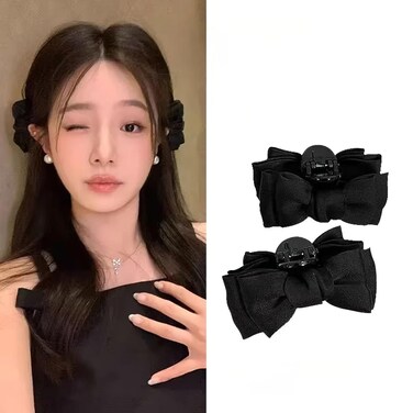 2 PCS Bow Hair Claw Clips Black Satin Bowknot Clip Nonslip Bow Princess Head Elf Ear Hair Side Clip Forehead Bangs Small Hair Claw Clamp Sweet Headdress for Women