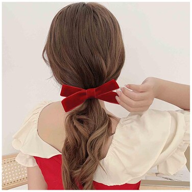 Velvet Bow Hair Clip Red Satin Hair Barrette French Hair Bow Headpieces Winter Bow Barrette Headwear Hair Accessories for Women and Girls Gifts (Short deep red)