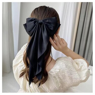 Large Women's Silk Satin Bowknot Hairpins - Black French Style Hair Ribbon Barrettes and Hairpin Accessories