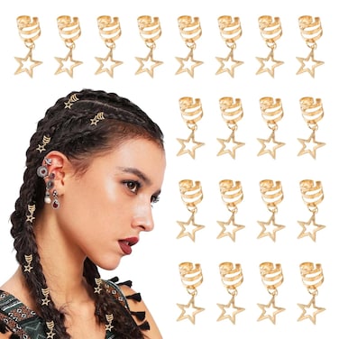 20 Pcs Gold Star Hair Braids Dreadlock Clips Hair Jewelry Non-Piercing Ear Clip Beard Beads Cuffs Clip Hair Charms for Women Men Hair Accessories Styling Jewelry Tools