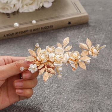 JONKY Flower Bridal Hair Clip Gold Leaf Barrettes Bride Pearl Wedding Headpiece Bride Hair Accessories for Women and Girls