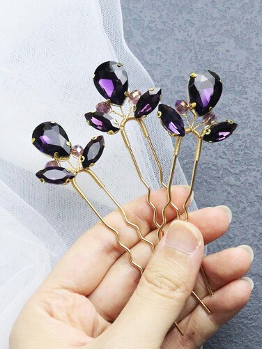 Rhinestone Hair Pins 3PCS Wedding Hair Pieces for Brides, Handmade Crystal Bridal Hair Clip for Women Hair Accessories, Daily Party Prom Hair Decoration Bridesmaid Gifts(Purple Gold)