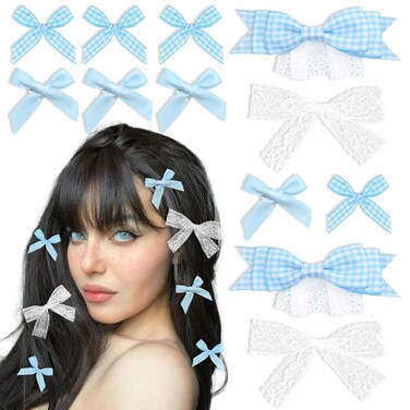 12PCS Blue Bow Hair Clips Cute Gingham Hair Bows 4 Styles Mini Plaid Bows for Hair Coquette Lace Bowknot Ponytail Hair Accessories for Girls Women
