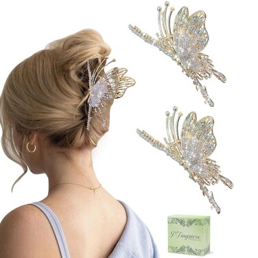 Butterfly Hair Claw Clips for Women, 2Pcs Rhinestone Large Non-Slip Strong Metal Clips for Thick Hair Styling, Hold, and Fashion Hair Accessories