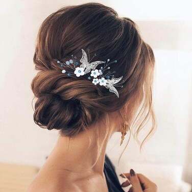 Earent Bride Wedding Flower Hair Pins Butterfly Bridal Hair Piece Blue Beads Hair Accessories for Women (Pack of 2)
