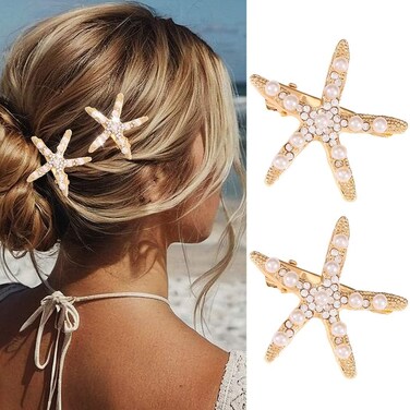 CAKURE Starfish Hair Clips Gold Metal Sea Star Hair Barrettes Cute Pearl Side Hair Pins Beach Hair Accessories for Women and Girls (Pack of 2) (a-gold)