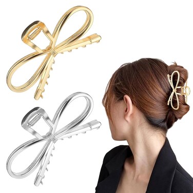 4.5 Inch Metal Bow Claw Hair Clips - Cute Bowknot Hair Jaw Clips with Strong Hold for Thick and Thin Hair - 2 Pcs, Gold &amp; Silver
