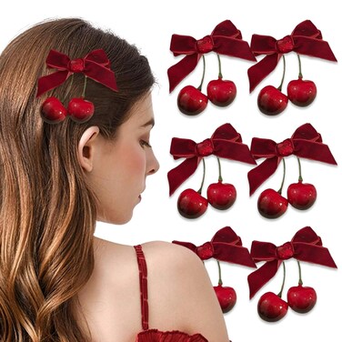 6 Pcs Cherry Bow Hair Clip Rhinestone Velvet Alligator Clips for Women Girls Teen Ponytail Hair Accessories Red Fruit Hair Barrettes