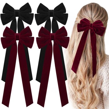Velvet Hair Bows with Alligator Clips - 4 PCS Hair Accessories for Women, Girls, Teens, and Toddlers - Burgundy and Black Bows