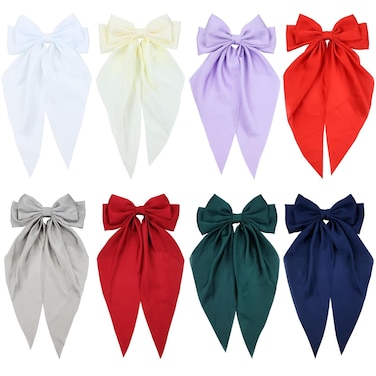 Cinaci 8 Pieces Silky Satin Big Hair Bows for Women Girls Teens, Fancy Long Tail Bow Hair Clips French Hair Barrettes Hair Accessories