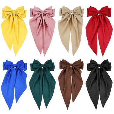 Cinaci 8 Pieces Silky Satin Big Hair Bows for Women Girls Teens, Fancy Long Tail Bow Hair Clips French Hair Barrettes Hair Accessories