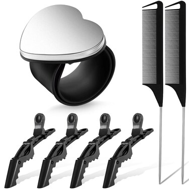 Nuenen Hair Braiding Tools 7 Pieces Kit, Includes 1 Magnetic Pin Wristband, 2 Stainless Steel Rat Tail Combs, 4 Wide Teeth Alligator Sectioning Hair Clips for Hair Braid Maker (Black)