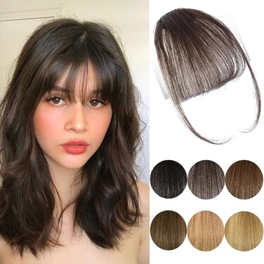 Human Hair Bangs - Clip On Dark Brown Faux Bangs With Temples