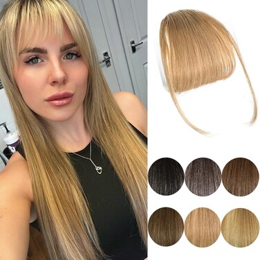 Clip In Bangs Human Hair Bangs Clip In Hair Extension, 100% Human Hair Bangs For Women Air Bangs Fringe With Temples Faux Bangs Hair Clips On Wispy Bangs For Daily Wear (Wispy Bangs, Blonde)