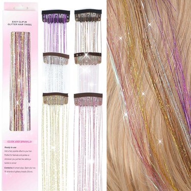 6Pcs Hair Tinsel Clip in 20Inch Fairy Hair Clip in Hair Tinsel Kit Heat Resistant，Clip in Hair Tinsel Extensions Glitter Hair Tensile Clip in Sparkly Hair Accessories for Women Girls Kids (Galaxy)