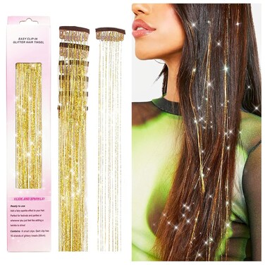 Clip in Hair Tinsel Kit, POROLIR Pack of 6Pcs Glitter Fairy Tinsel Hair Extensions 20 Inch Shiny Hair Tinsel Heat Resistant, Sparkly Strands Hair Accessories, Festival Gift for Women Girls Kids (Gold)