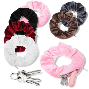 Ouligay 6 Pcs Hidden Pocket Scrunchie,Velvet Scrunchies with Hidden Compartment Items,Velvet Hair Ties Bracelet,Hair Accessories with Zipper Pocket for Lip Cash Earphone Small Object Storage Hidden
