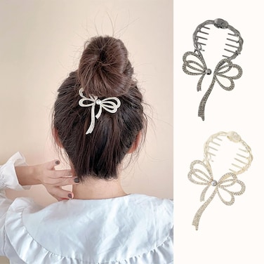 2 PCS Luxury Bow Ponytail Buckle Hair Pin Pearl Butterfly Hairpin Glaring Hair Clips Rhinestones Barrettes Korean Style Hair Accessories for Women Girls (Gold + Black)