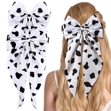 2 PCS 7In Cow Print Hair Bow Clips for Women &amp; Girls, Big Layered Long Tail White Black Hair Bow Large Hair Ribbon Barrettes Metal Clips Bowknot Aesthetic Hair Accessories