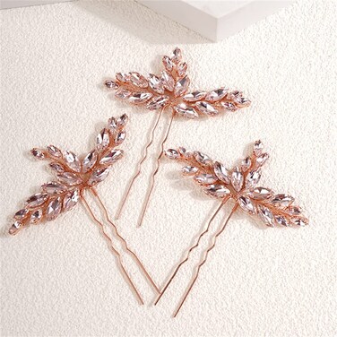 Kercisbeauty Pink Rhinestones Hair Pins for Wedding Brides Bridesmaid Women Girls Crystal Handmade Rose Gold Hair Piece Pack of 3 (Pink)