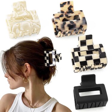 Checkered Tortoise Hair Clips for Women - 4Pcs 2" Small Acetate Claw Barrettes for Thick &amp; Thin Hair