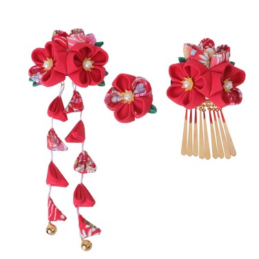 Lurrose 3pcs Japanese Kimono Flower Hair Clips Tassel Hair Hairpins Japanese Style Traditional Kimono Hair Barrettes Hair Accessories for Women (Red)