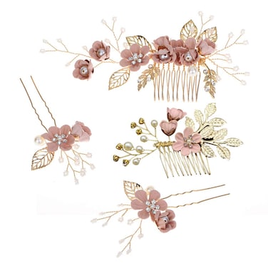 Handmade Rhinestone Floral Hair Comb Set - Bridal Headpiece, Hair Accessories, Hair Pins, and Hair Clips for Wedding Dress (Pink)