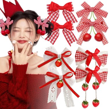 8 Pcs Cherry Strawberry Bow Hair Clips Cute Red White Bow Alligator Hair Clips Lace Gingham Hairpin Bows Fruit Hair Barrettes Hair Accessories for Women Girls Christmas Party