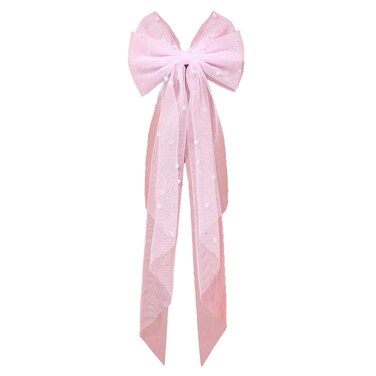 Bridal Hair Bow Veil Hair Clip,Veil Hairpins with Pearl Mesh Bow Hair Clips (Pink)