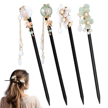 4 Pack Japanese Hair Sticks Japanese Hair Pins Hair Chopsticks for Women Chinese Wooden Hair Sticks Hair Bun Sticks Flower Hair Sticks Chopsticks for Long Hair