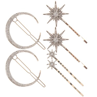 Beaupretty Stars and Moon Hair Accessories: 6 Pieces Rhinestone Metal Alloy Hair Clips, Hairpins for Women Girls (Gold)