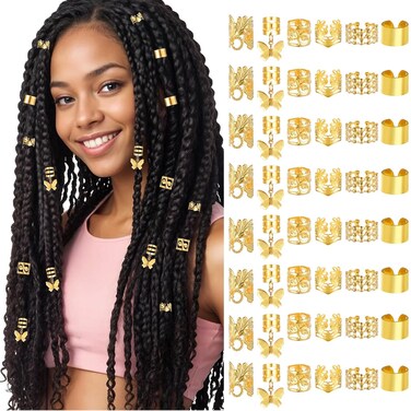 48Pcs Hair Jewelry for Women Hair Charms Metal Hair Cuffs Braid Jewelry Adjustable Hair Rings Hair Clips Bead Braids Loc Dreadlock Accessories For Black Women Men