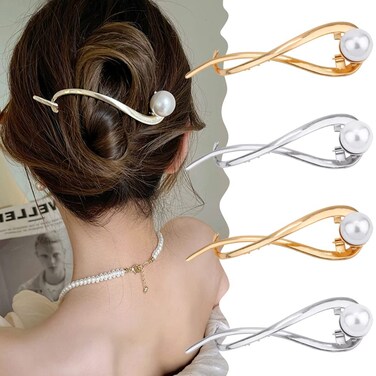 Ahoney 4 Pcs Pearl Barrettes for Women - 4.2 French Hair Clips with Fancy Pearls for Thick Hair (Silver+Gold)
