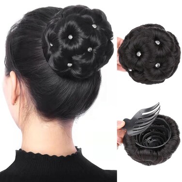 HANNE Clip in Fake Hair Bun for Women Black Chignon with Rhinestone Synthetic Tress Claw In Ponytail Hair Extension Updo Hairpiece Hair Buns Hair Piece (Black Chignon with Rhinestone)