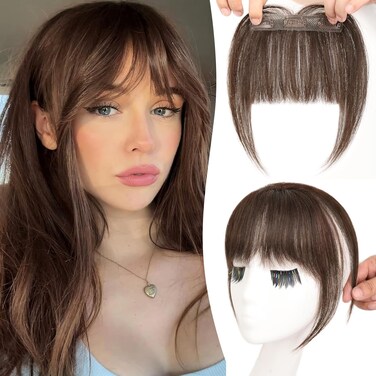 Clip in Bangs 100% Real Human Hair 3 Secure Clips in Full Fringe French Bangs Fake Bangs with Temples Hairpieces Clip on Bangs for Women Daily Wear Dark Brown