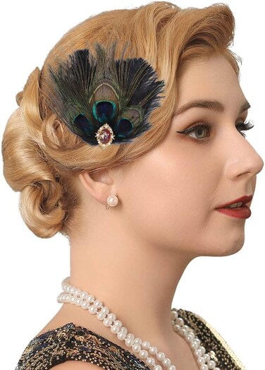 Edary Peacock Feather Hair Clip 1920s Flapper Headband Black Feather Headpiece Prom Party Head Accessories for Women