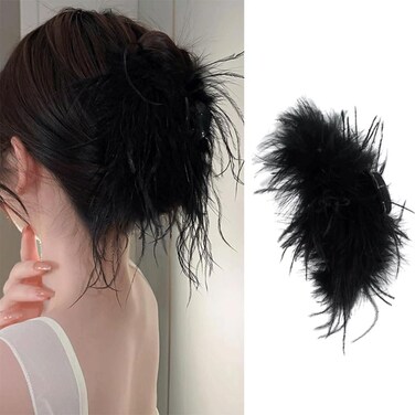 Black Feather Hair Clip, Nonslip Ostrich Fluffy Fur Hair Claw Ponytail Shark Clip for Women Carnival Birthday Party Daily Hair Halloween Accessories Hairpin Headwear