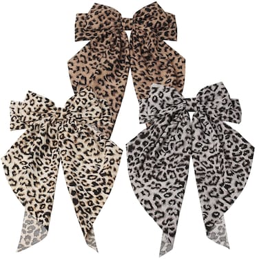 Leopard Print Hair Bow Clips - Large French Style Barrettes with Long Tails - Pack of 3