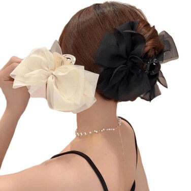 2PCS Mesh Bowknot Claw Clips, Black Bow Claw Clips for Women, Tulle Ribbon Hairbows, White Chiffon Hair Clips, Bow Hair Claw Clip, Black Tulle Ribbon Claw Clip, Elegant Hair Accessories Hairclips