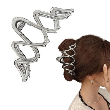 Silver Metal Wavy Squiggle Hair Claws for Thick Hair - Large Non-Slip Hair Clamps and Styling Accessories, Gift for Women and Girls
