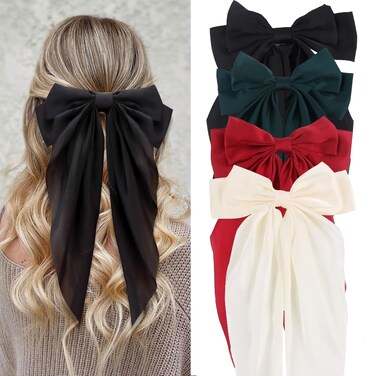 Hair Bows For Women Girls, 4PCS Large Bowknot Hair Accessories, Silk Satin Hair Ribbon With Long Tails, Aesthetic Bow Hair Metal Clips For Daily, Parties, Traveling(Black, Beige, Red, Green)