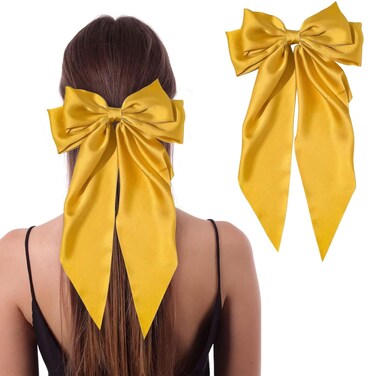 Jumbo Silky Satin Bowknot Hair Slides with Long Tails for Women and Girls - Metal Clips and Hairpins Accessories (Yellow)