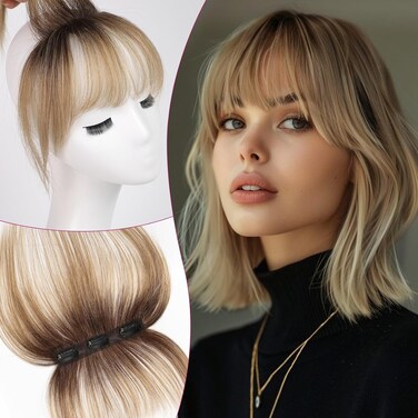 EMMOR Clip in Bangs, 100% Human Hair Bangs with 3 Non-slip Clips, 360&deg;Cover Top HairPieces with 5 inch Wispy Fringes for enhancing Women's Facial Features(Ombre Ash Blonde)