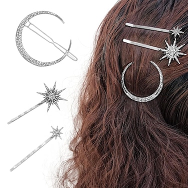 AEGYPIUS Moon Hair Clip, 3 Pcs Silver Moon Hair Accessories Rhinestone Hair Clips, Moon Hair Pin Sailor Moon Hair Clips Star Hair Pins Celestial Hair Accessories Moon Star Clips with Sparkly Crystals