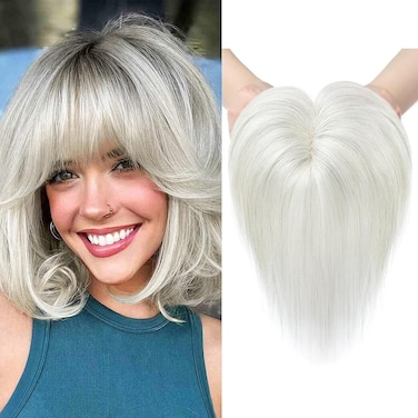 REECHO Human Hair Toppers, 6 Inch Toppers for Thin Hair, Clip In Wig with Bangs - White Blonde