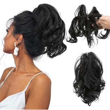 CJL HAIR Claw Clip Short Ponytail Hair Extensions DIY Bendable Metals Messy Bun Hair Piece for Wonen Wavy Curly Synthetic Fake Hairpieces Jet Black