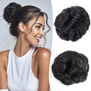 Messy Bun Hair Piece, Wavy Curly Claw Clip Messy Bun Hair Clip, Synthetic Fake Messy Bun Hair Extensions, Soft Claw Clip Ponytail Hairpieces for Women (2#-Natural Black, 1 Count (Pack of 1))